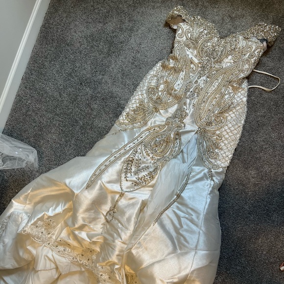 Ese Ezenabor custom pearl colored  satin, jeweled, wedding gown with train - Picture 6 of 8